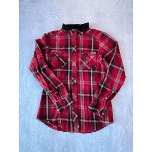 Fox Racing Logo 100% Cotton Red Plaid Flannel Button Down Shirt Size M